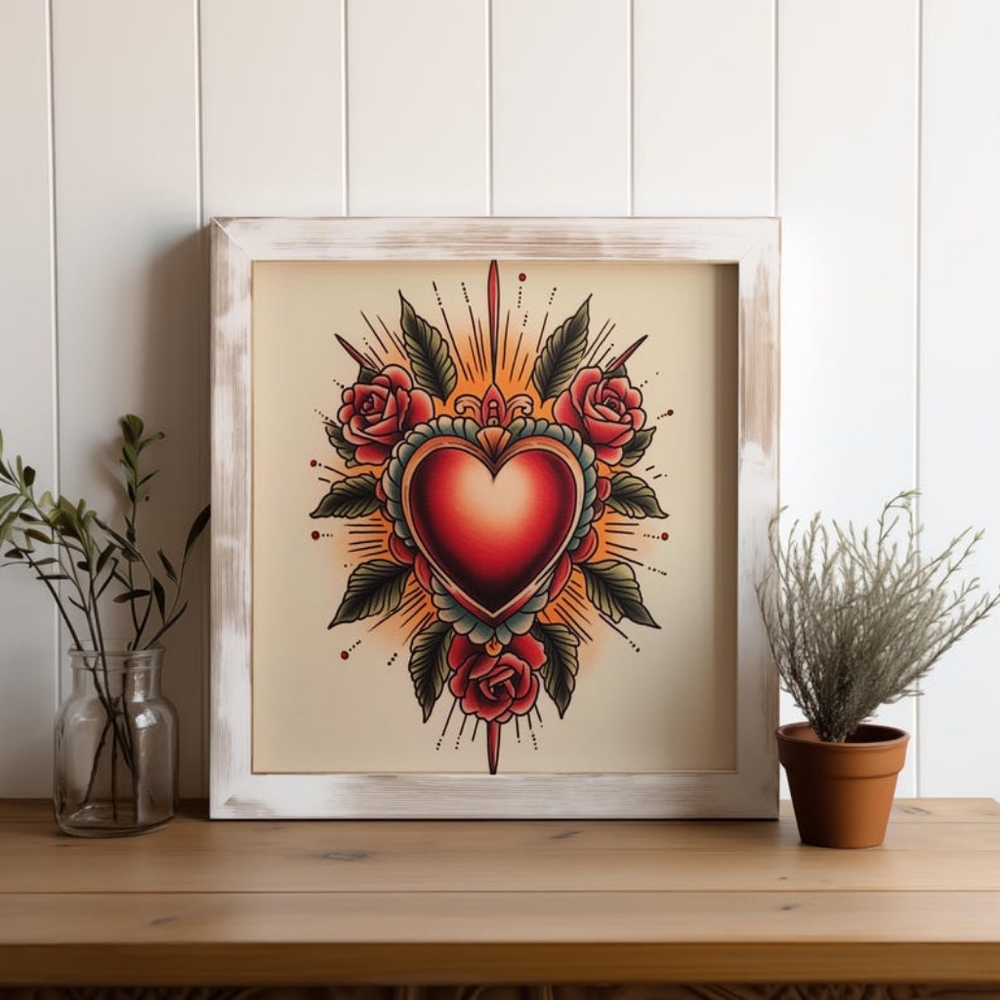 Sacred Heart Retro Traditional Tattoo Flash Art Print- Valentine Ink Design Wall